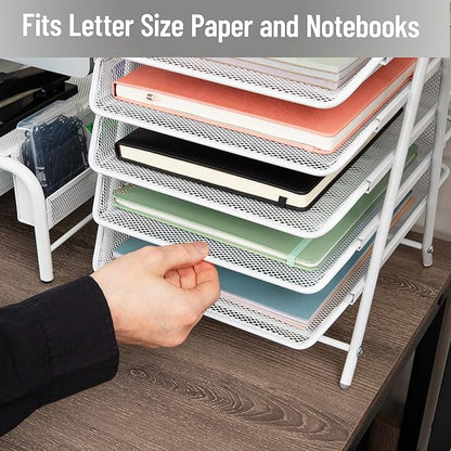 Mind Reader 5-Tier Paper Tray Organizer, Vertical Desktop File Storage Rack, Office, Metal Mesh, White