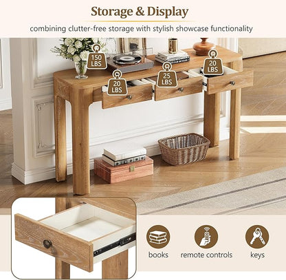 52" Rustic Console Table with Curved Corners for Safety,Entryway Table with 3 Concealed Drawers,Sturdy Sofa Table with Thick Legs for Hallway & Living Room,Natural