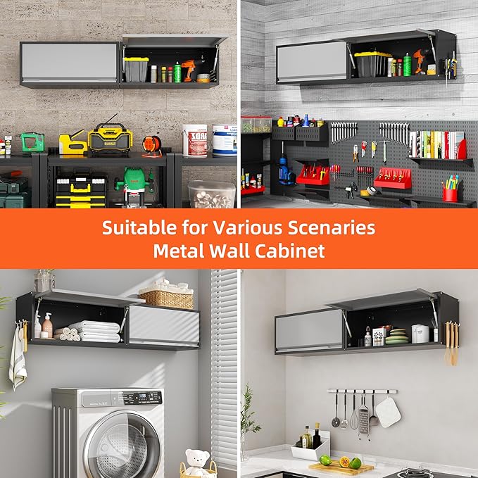 Metal Garage Wall Cabinet, Floating Garage Tool Cabinets with Up-Flip Door,13.8''H Hanging Wall Mounted Storage Cabinet for Garage, Warehouse, Kitchen, Bathroom, Workshop, RV, Gray