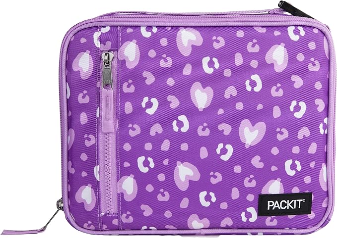PackIt® Freezable Classic Lunch Box, Leopard Hearts Purple, Built with EcoFreeze® Technology, Reusable, Zip Closure With Zip Front Pocket and Buckle Handle, Designed for Fresh Lunch On the Go