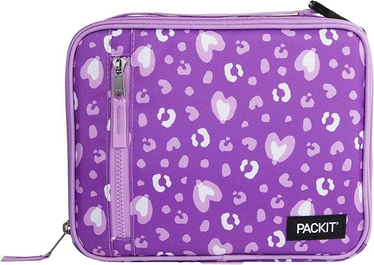 PackIt® Freezable Classic Lunch Box, Leopard Hearts Purple, Built with EcoFreeze® Technology, Reusable, Zip Closure With Zip Front Pocket and Buckle Handle, Designed for Fresh Lunch On the Go