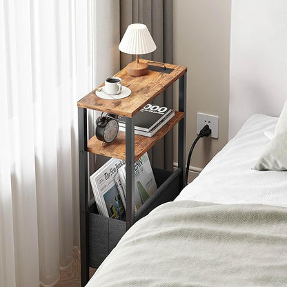 Narrow Side Table with Charging Station Slim End Table Sofa with Magazine Rack, Bedside Table for Small Spaces, 3 Tier Nightstand for Living Room Couch, Bedroom Rustic Brown LET503RE