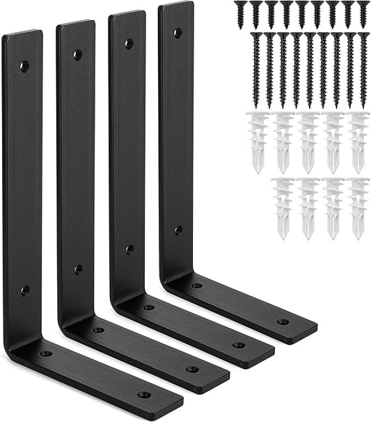 Heavy-Duty Shelf Brackets - Premium Construction Grade 1/4" (6mm) Thick Steel - Matte Black Iron Finish for Modern Farmhouse Rustic Open Shelving w/ Hardware, 4-Pack (L Bracket 10" x 6")