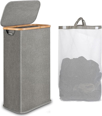 65L Slim Laundry Hamper, Narrow Laundry Basket with Lid,Foldable Clothes Hamper with Bamboo Handles,Hamper Basket with Removable Inner Bag for Laundry Room Bedroom College Dorm,17.17 Gals Grey