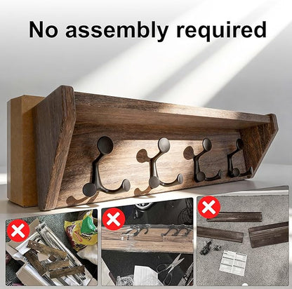 SKOLOO Wall Shelf with Hooks, 24-Inch Weathered Brown Coat Rack Wall Mount with Shelf Organizer - Heavy Duty, 4 Tri Hooks - Perfect for Entryway, Hallway, Living Room, Bedroom, Mudroom