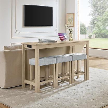 59" Power Outlet Mid Century Console Table, Slim Console Table with Solid Wood Frame, Long Narrow Console Tables for Living Room & Kitchen, Light Oak