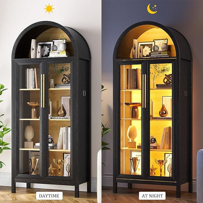 Display Cabinet with Glass Doors, 5-Tier Tall Curio Cabinet with LED Lights Display Case for Collectibles, Black