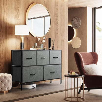 WLIVE Dresser for Bedroom with 5 Drawers, Long Storage Tower Organizer Unit, Fabric Dresser, Storage Drawer Unit with Fabric Bins for Closet, Hallway, Dark Grey, Size L