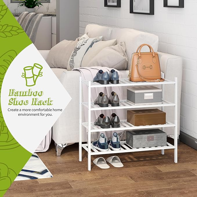 BMOSU 4-Tier Bamboo Shoe Rack Premium Stackable Shoe Shelf Storage Organizer for Hallway Closet Living Room Entryway Organizer(White Bamboo)
