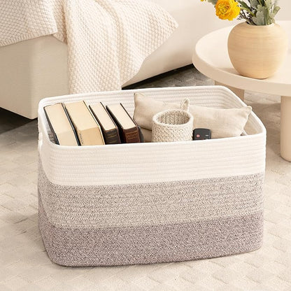 45L Small Laundry Basket with Leather Handles for Living Room Storage, Woven Rope Baskets Bin for Blanket, Kids Toy, Gifts, Wicker Hamper for Bedroom Dirty Clothes, 18"x14"x11" Gradient Brown