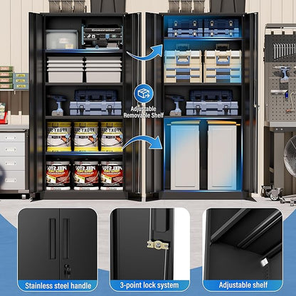 Greenvelly Metal Storage Cabinet, 72" Black Locking Storage Cabinets with Doors and 4 Shelves, Tall Tool Storage Cabinet for Garage, Steel Lockable File Cabinet Metal Locker for Home Office, Classroom