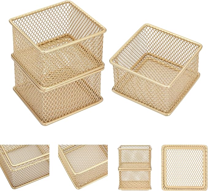 Annova Stackable Mesh Drawer Cabinet and Shelf Organizer Bins Storage Basket School Office Supply Holder Tray- Set of 2 (Gold, 3x3x2 Inch)