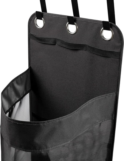 Hanging Sports Equipment Organizer with Hooks, Black Mesh, 16 in W x 43 in H x 12 in D