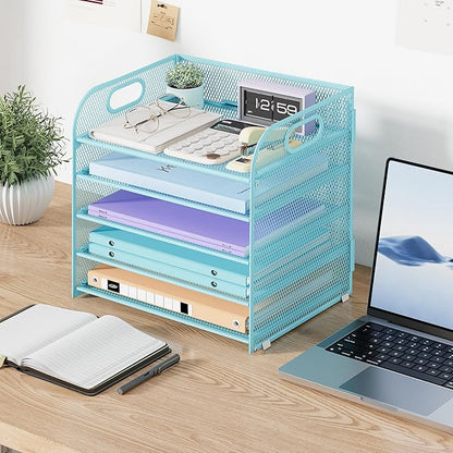 2 Pack 5 Tier Paper Organizer, Letter Tray with Handle, Mesh Desk Organizer, Metal File Organizer, Office Desk Accessories for Home, Office, Classroom, School -Blue