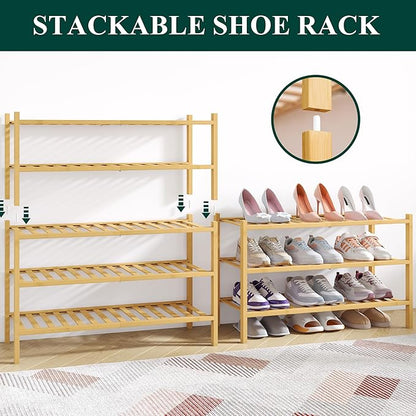 Smiry Bamboo Shoe Rack for Closet, 3 Tier Wooden Stackable Shoe Organizer, Free Standing Shoes Storage Shelf for Entryway, Front Door Entrance, Natural & Black