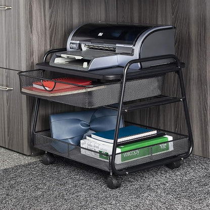 Safco 5208BL Onyx Under-Desk Rolling Machine Stand, Black, 21"W x 16"D x 17.5"H for Printer and Fax Machines With Basket and Drawer Storage. Perfect for Home, Office and Classrooms