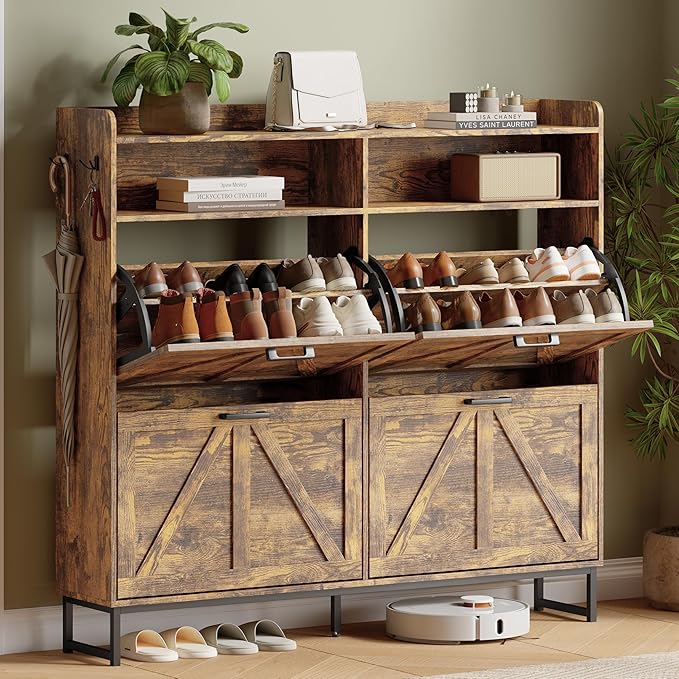 Shoe Cabinet with 4 Flip Drawers, Freestanding Hidden Shoe Storage Organizer for Entryway, Narrow Slim Shoe Rack Cabinet with Open Storage & Hooks for Front Door Entrance, Living Room, Hallway, Brown