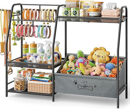 Large Dog Toy Basket with Dog Storage Organizer, Trapezoid Toy Bin Box with Collar Leash Holder Hook, Dogs Toy Holder Chest Pet Storage Cabinet for Living Room Dogs Essentials