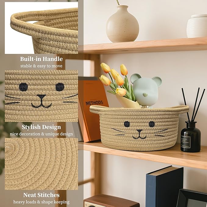 9.8" x 4" Small Cat Toy Basket - Baskets for Gifts Empty for Baby Shower Baby Baskets for Nursery Cute Woven Rope Storage Basket for Home Decor, Dog Toy Basket Jute Easter basket