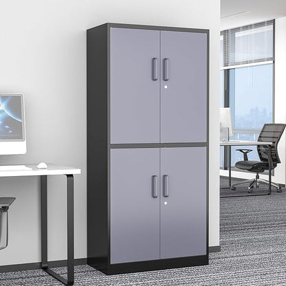 Metal Storage Locking Cabinet, 71" Tall Metal Cabinet with 4 Doors and 2 Adjustable Shelves, Locking Steel Cabinet for Home, School, Office, Gym, Garage Storage (Black Grey)