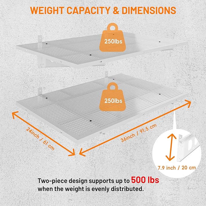 2-Pack 2x3ft Garage Shelves Wall Mounted, 500 Lbs Wall Storage Shelves, Deep Metal Organizer Rack With Complete Install Kit, White