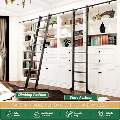 120" Attic Rolling Library Ladder,10 Step Aluminum Ladder with,with 4FT Sliding Hardware Track Kit Bottom Wheel Included&Handrail,Loft Ladder,Wall Stairs Stair Platform Bunkbed Ladder