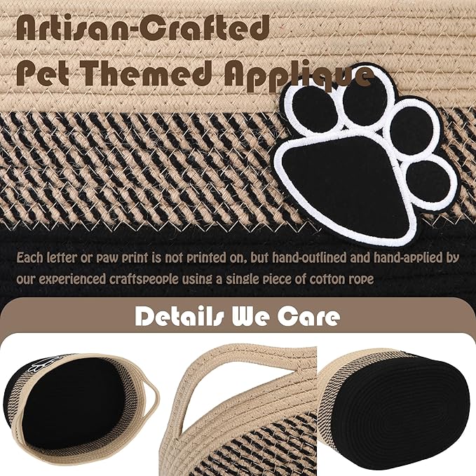 Sea Team Pet Toy Storage Basket with Handles, 16.5 x 11 x 7 Inches, 4.4 Gallons Large Cotton Rope Storage Bin, Shelf Basket, Organizer for Cat, Dog Chew Toys, Foods, Flaxen & Black Paws