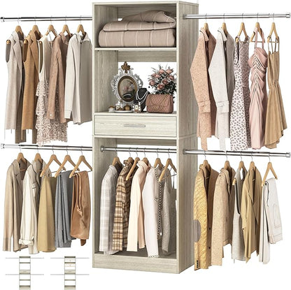 Unikito 96” Closet System, 8FT Walk in Closets Organizer Kit with 4 Extendable Hanging Rods and Drawer, Adjustable Wood Garment Rack, Sturdy Closet Insert, Easy Assembly, Max Load 1000 LBS, White Oak