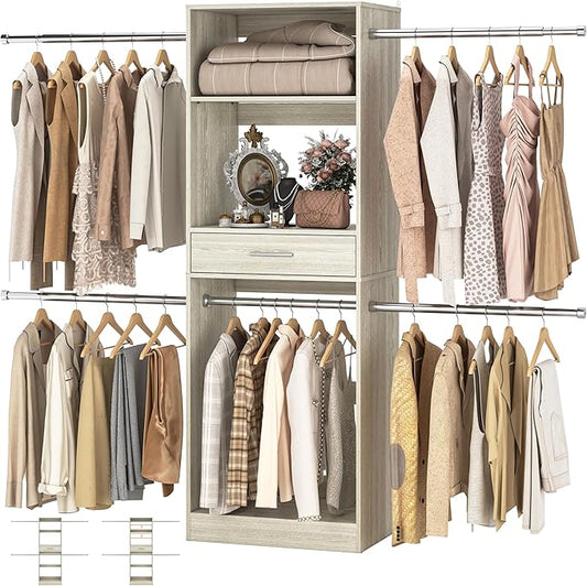 Unikito 96” Closet System, 8FT Walk in Closets Organizer Kit with 4 Extendable Hanging Rods and Drawer, Adjustable Wood Garment Rack, Sturdy Closet Insert, Easy Assembly, Max Load 1000 LBS, White Oak