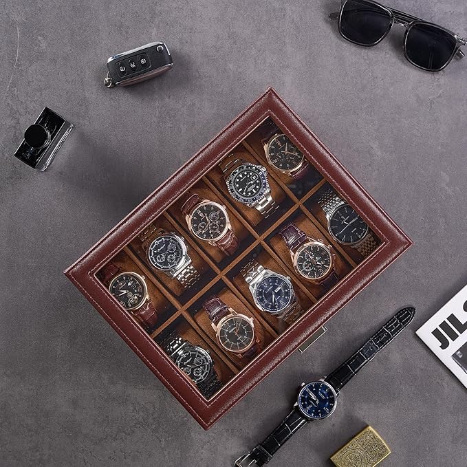 ProCase Watch Box, 10 Slot Watches Display Case with Drawer, Mens Watch Case with Glass Lid, 2-Layer Mens Jewelry Organizer Storage Holder, Birthday Valentine Gifts for Men -10 Slot, Espresso