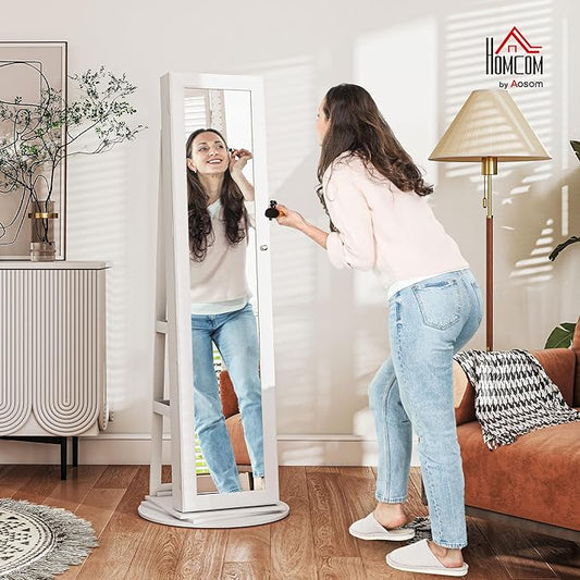HOMCOM 360° Swivel Jewelry Cabinet, Lockable Jewelry Armoire Organizer with Full-Length Mirror, Back Storage Shelves, Interior Small Mirror, for Bedroom Living Room, White