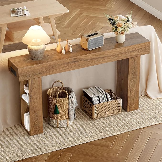 63" Long Console Table, Narrow Entryway Table with Charging Station and LED Lights, 2-Tier Farmhouse Behind Couch Table with Storage, for Entryway, Light Walnut and Black MXG04UJS