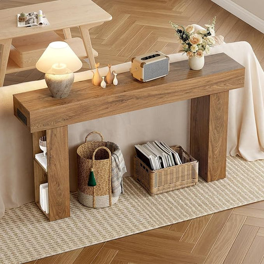 63" Long Console Table, Narrow Entryway Table with Charging Station and LED Lights, 2-Tier Farmhouse Behind Couch Table with Storage, for Entryway, Light Walnut and Black MXG04UJS