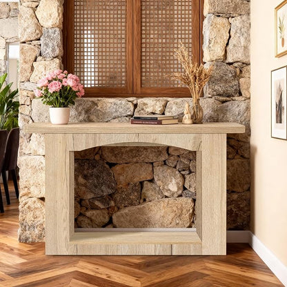 51 Inch Entryway Table U-Shaped Extension, 1.6 Inch Thick Desktop Wooden Console Table with Socket Farmhouse Sofa Table for Entrance, Hallway, Living Room,Behind Couch((Natural Brown)