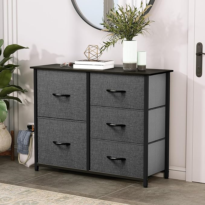YITAHOME Dresser for Bedroom with 5 Drawers, Wide Bedroom Fabric Dresser with Storage Bins, Clothes Cabinet for Bedroom, Living Room, Hallway, Black Grey