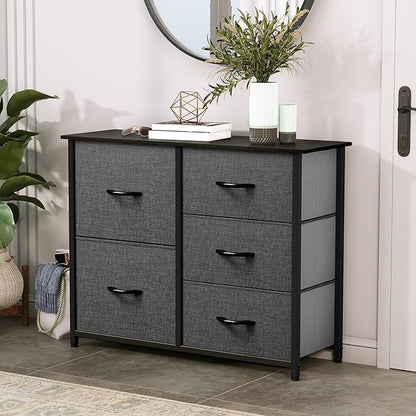 YITAHOME Dresser for Bedroom with 5 Drawers, Wide Bedroom Fabric Dresser with Storage Bins, Clothes Cabinet for Bedroom, Living Room, Hallway, Black Grey