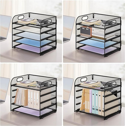 Paper Organizer Letter Tray with Handle Mesh 5 Trays Desk File Organizer Paper Sorter Desk Organizer for Office, Home or School-Black 2 Pack