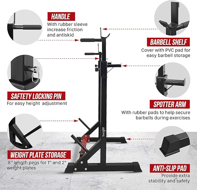 Yes4All Squat Rack for Home Gym, Adjustable Barbell Stand Rack, Multi-Function Weight Lifting, Dip Bar Station, Bench Press Rack Stand, Weight Plate Storage - Capacity Up to 600LBS