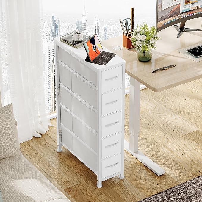 Narrow Dresser Storage Tower with 5 Drawers, Slim Dresser Chest of Drawers with Steel Frame, Wood Top, Dresser for Bedroom, Bathroom, Small Spaces, Laundry, Closet, White