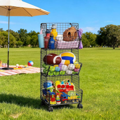 Sonyabecca Outdoor Toy Storage Basket, Play Kitchen Organizer with 5 S-Hooks,3 Tier Rolling Storage Cart Garage, Pantry Floor Snack Cart with Wheels,Toy Shelf Dog Storage Organizer Kids Bookshelf