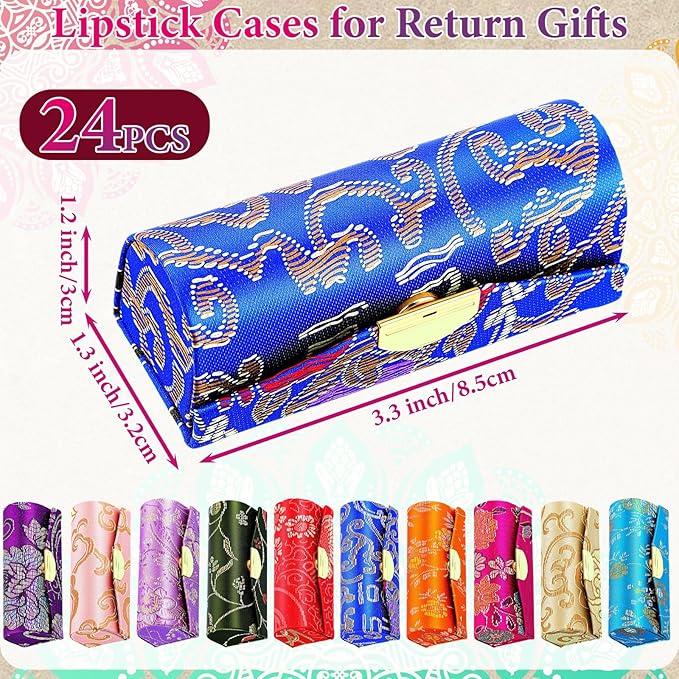 24 Pcs Diwali Gifts Bulk, Indian Return Gifts for Pooja Lipstick Holder Cases with Mirror, Mini Floral Jewelry Boxes, Portable Lipstick Storage for Women Wedding Party Favor (Random Color)