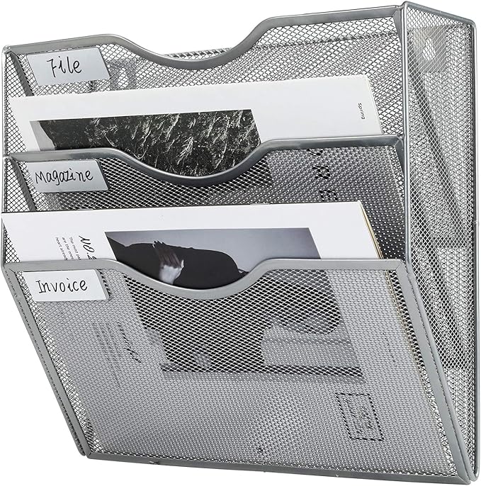 PAG Hanging Wall File Holder Mail Organizer Wall Mount Document Letter Rack, 3-Tier, Silver