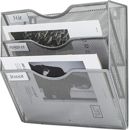 PAG Hanging Wall File Holder Mail Organizer Wall Mount Document Letter Rack, 3-Tier, Silver