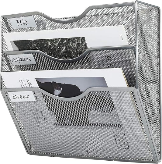 PAG Hanging Wall File Holder Mail Organizer Wall Mount Document Letter Rack, 3-Tier, Silver