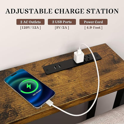 GRLEAF 63" Narrow Console Sofa Table with Built-in Power Strip (2 AC Outlets & 2 USB Ports) – 4.9ft Power Cord, Metal Frame, Easy Assembly, Ideal for Behind Couch, Hallway, and Office | Rustic Brown