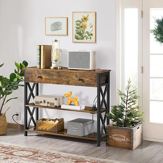 Yaheetech Console Table with 2 Outlets and 2 USB Ports, Industrial Entryway Table with Drawer and Storage Shelves, Narrow Sofa Tables with Metal Frame for Living Room, Hallway, Rustic Brown