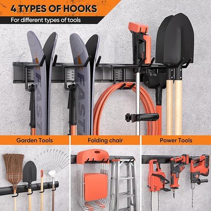 Garden Tool Organizer Wall Mount, 48 inches Tool Storage Rack with Adjustable Hooks, 600lbs Adjustable Heavy Duty Metal Hooks, Yard Shed Rack Holder System Hanging Rake Broom Mop, Father's day gifts