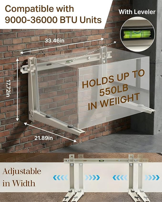 Heavy Duty Mini Split Wall Mounting Bracket, 550lb Load Capacity, Galvanized Steel with Dual Anti-Rust Coating, Adjustable Leveling Design, Anti-Vibration Pads, Fits 9000–36000 BTU Outdoor AC Units