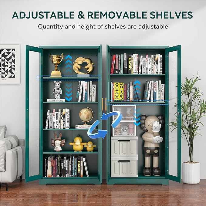 Curio Cabinets with Glass Doors, 71" Glass Display Cabinet with Lock, Tall Bookcase with Adjustable Shelves, Locking China Cabinet for Living Room, School, Commercial, Office, Plant, Green