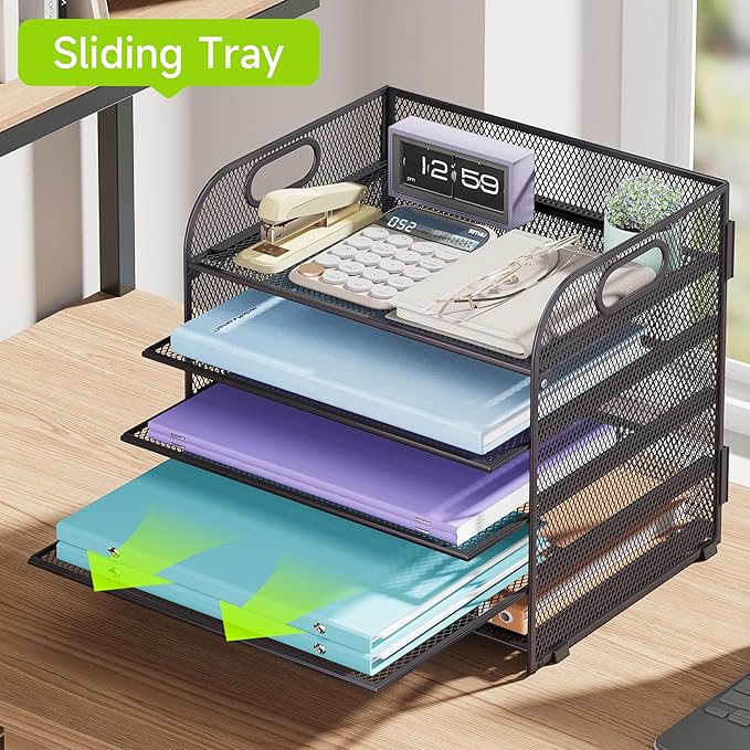 2 Pack 5 Tier Paper Organizer, Letter Tray with Handle, Mesh Desk Organizer, Metal File Organizer, Office Desk Accessories for Home, Office, Classroom, School -Grey